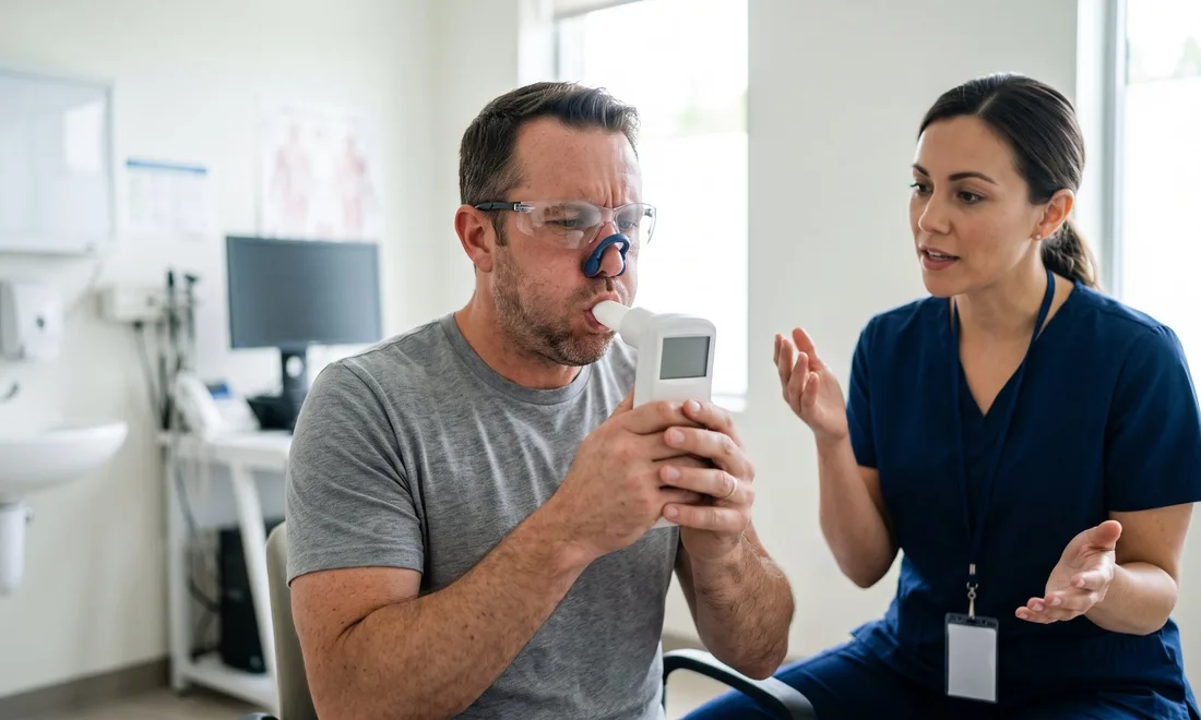Worker performing a spirometry breathing test with a clinician