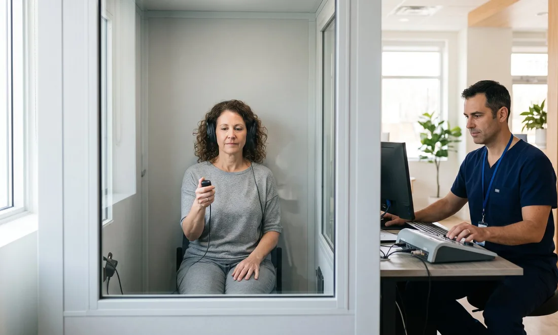 Worker taking a hearing test inside an audiometric booth