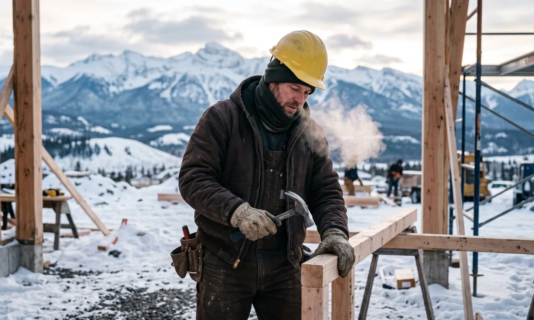 Outdoor construction worker dressed in cold-weather gear on a snowy Colorado job site