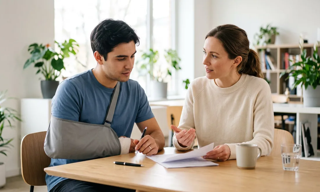 HR manager reviewing workers' comp paperwork with an injured employee
