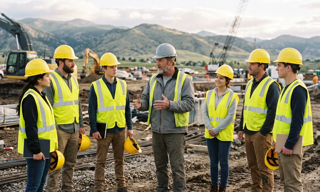 New construction hires at a job site safety orientation