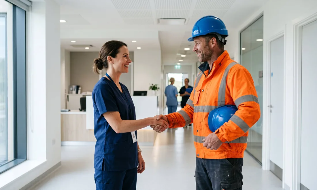 Occupational medicine physician greeting a worker at the clinic
