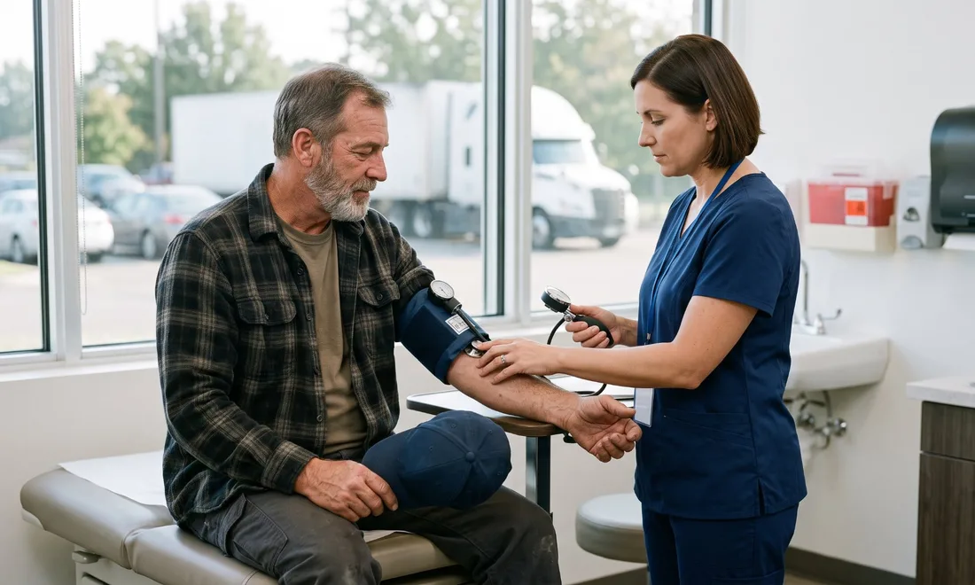Commercial truck driver having his blood pressure checked during a DOT physical