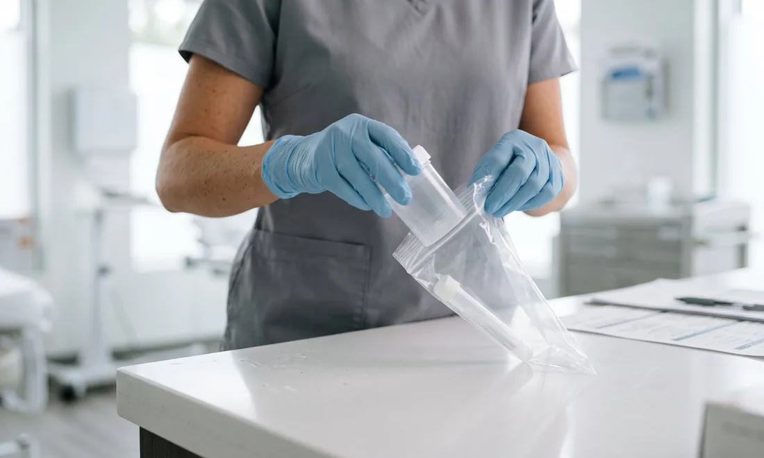Collection technician bagging a sealed specimen cup for a workplace drug test