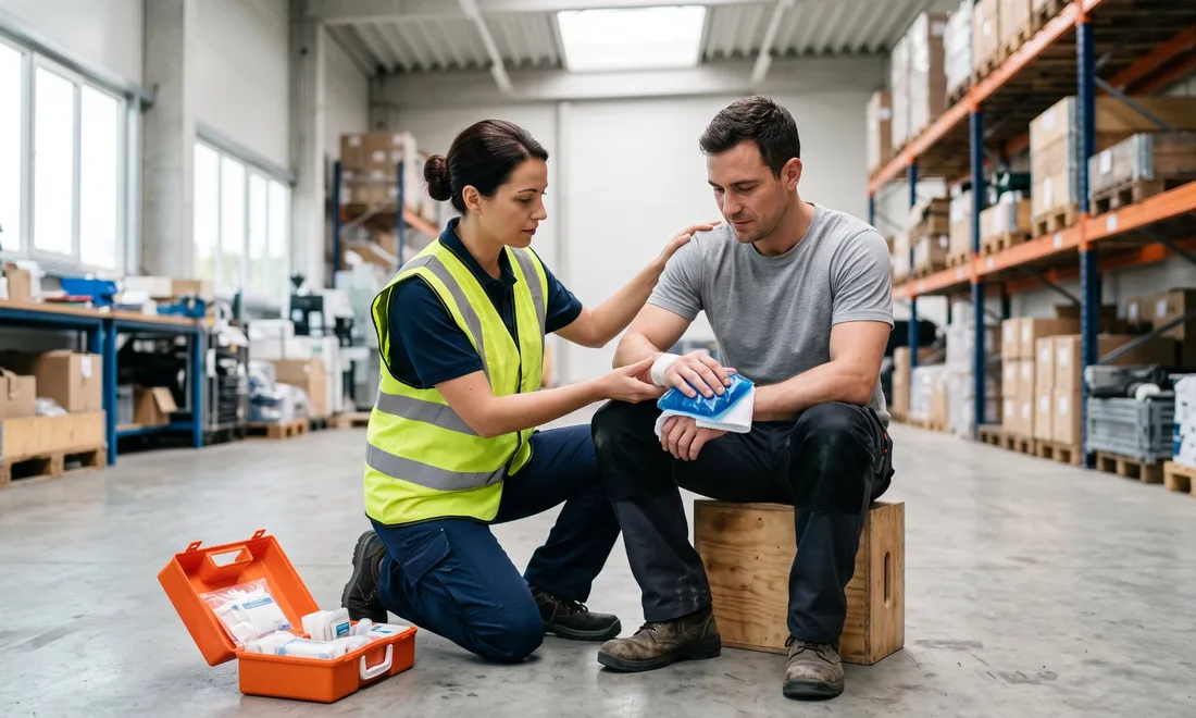 Warehouse supervisor giving first aid to an injured worker holding an ice pack to his wrist
