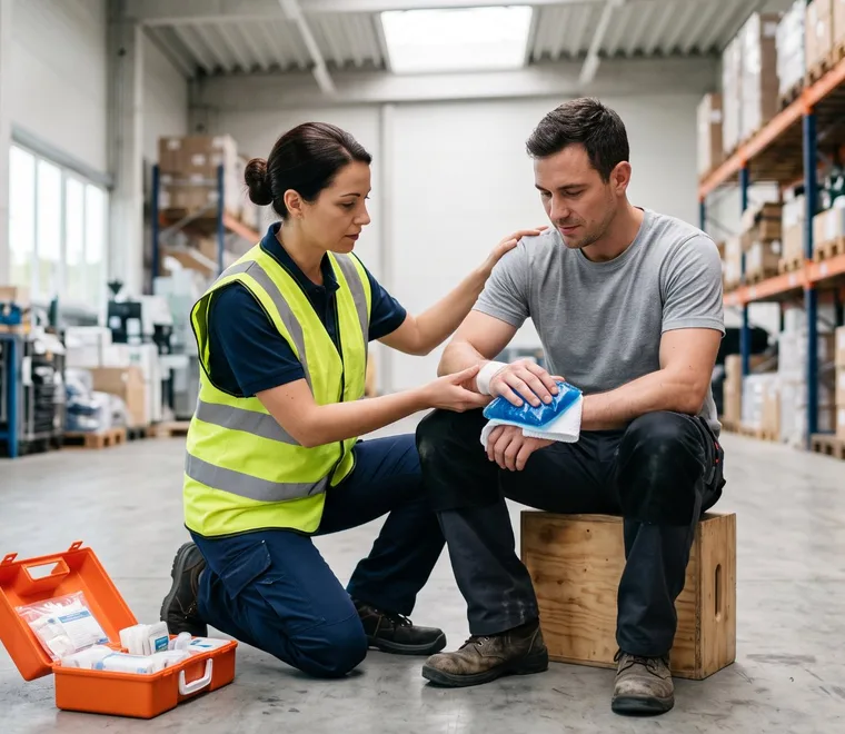 Warehouse supervisor giving first aid to an injured worker holding an ice pack to his wrist