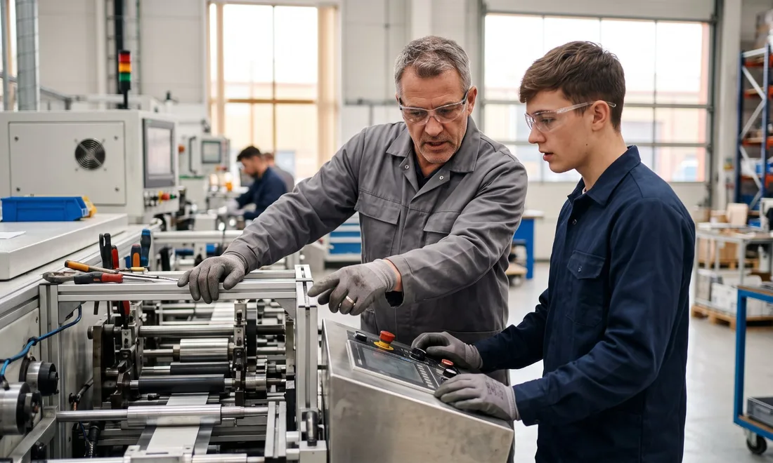 Experienced machine operator training a new hire on safe equipment use