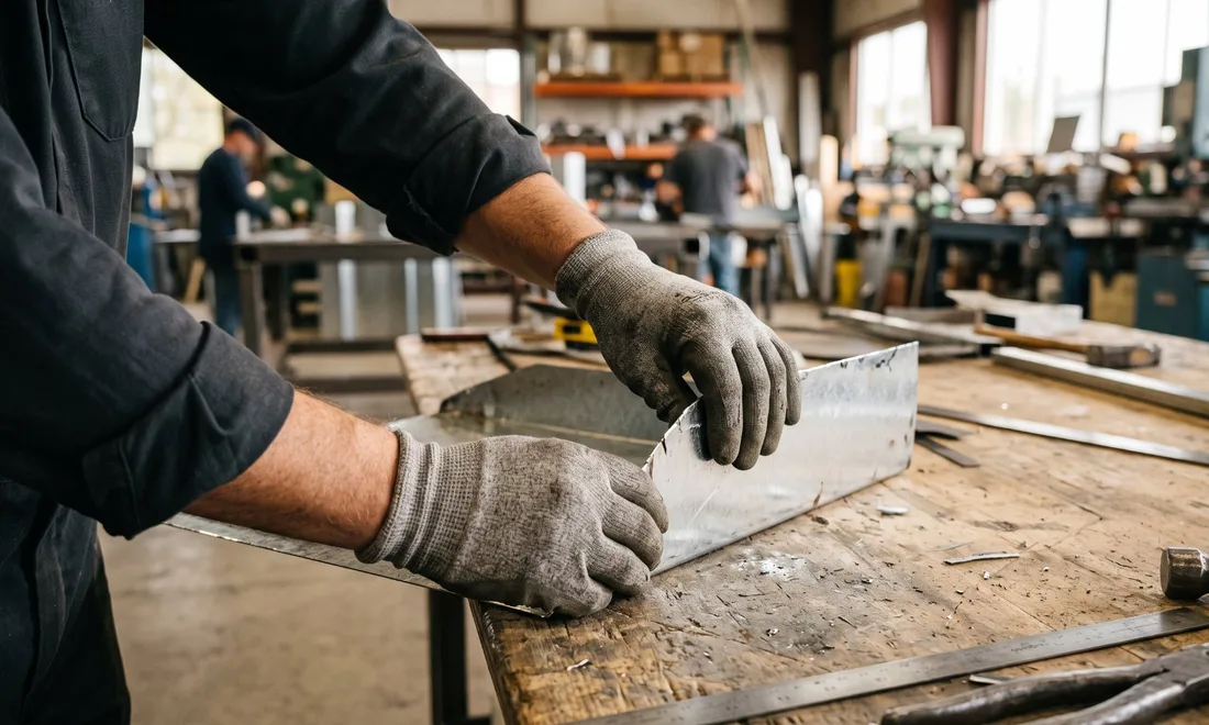 Sheet metal worker wearing cut-resistant gloves to handle sharp metal