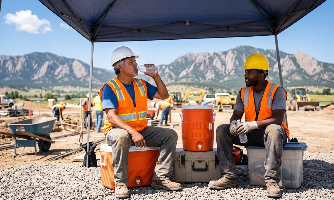 Construction workers taking a shaded water break on a hot Colorado job site