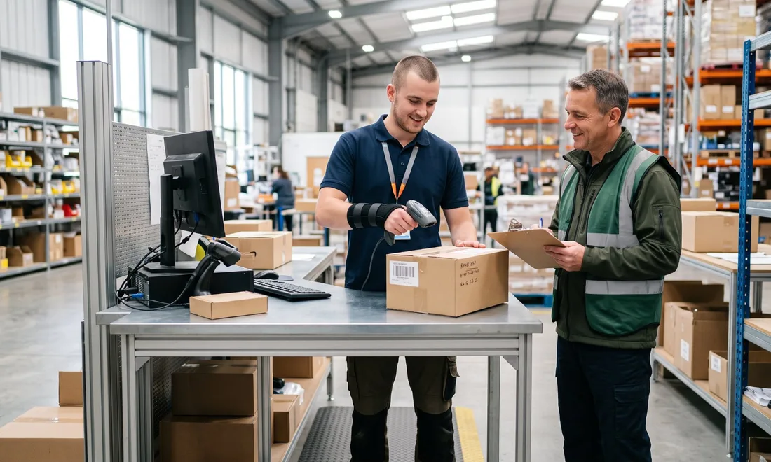 Worker in a wrist brace performing a light-duty inventory task on modified duty