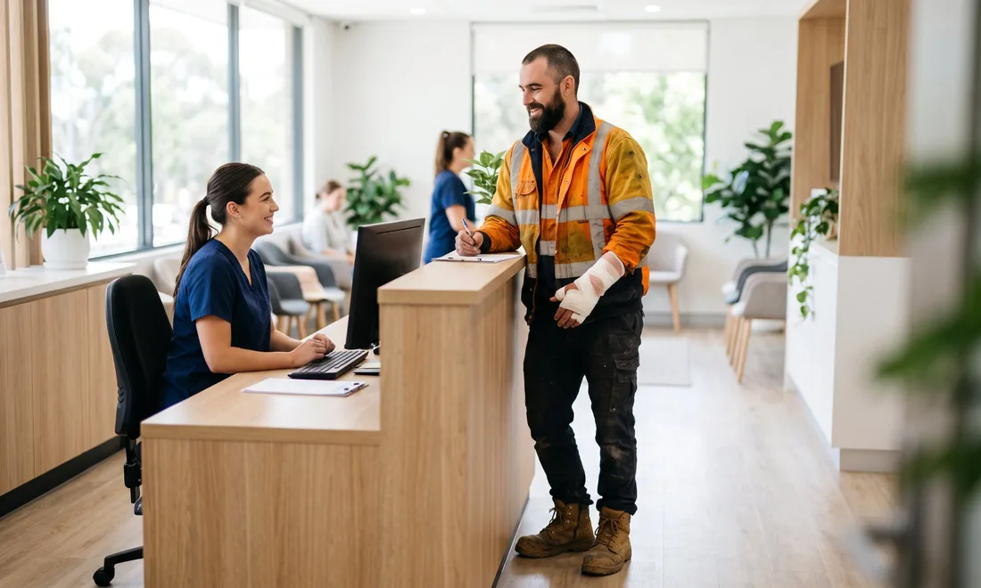 Worker with a bandaged hand checking in at an occupational health clinic front desk