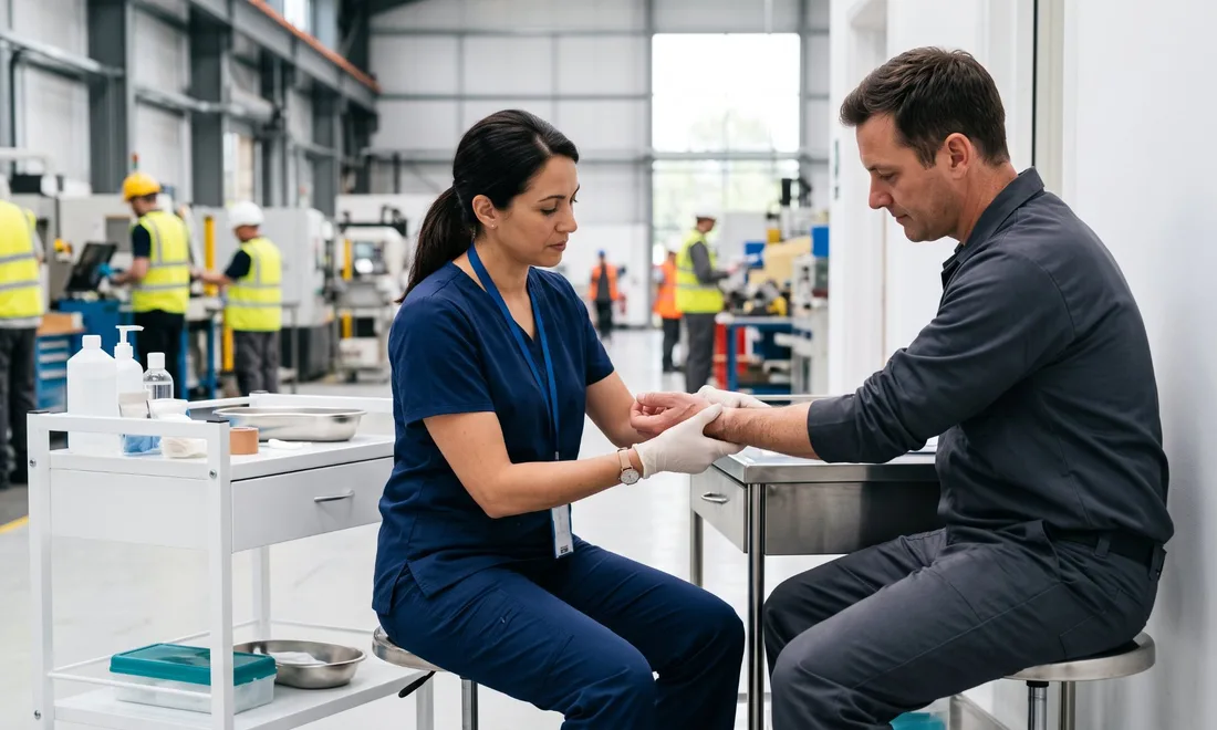 Onsite clinician examining a worker's wrist inside a manufacturing plant