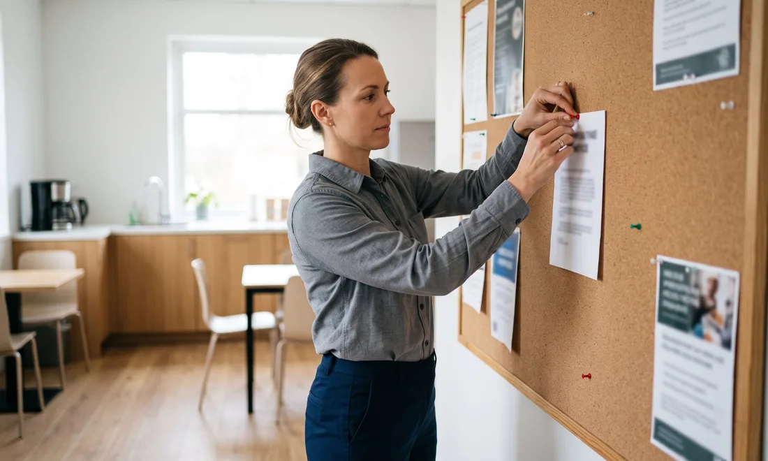 Safety manager posting a notice on a workplace bulletin board