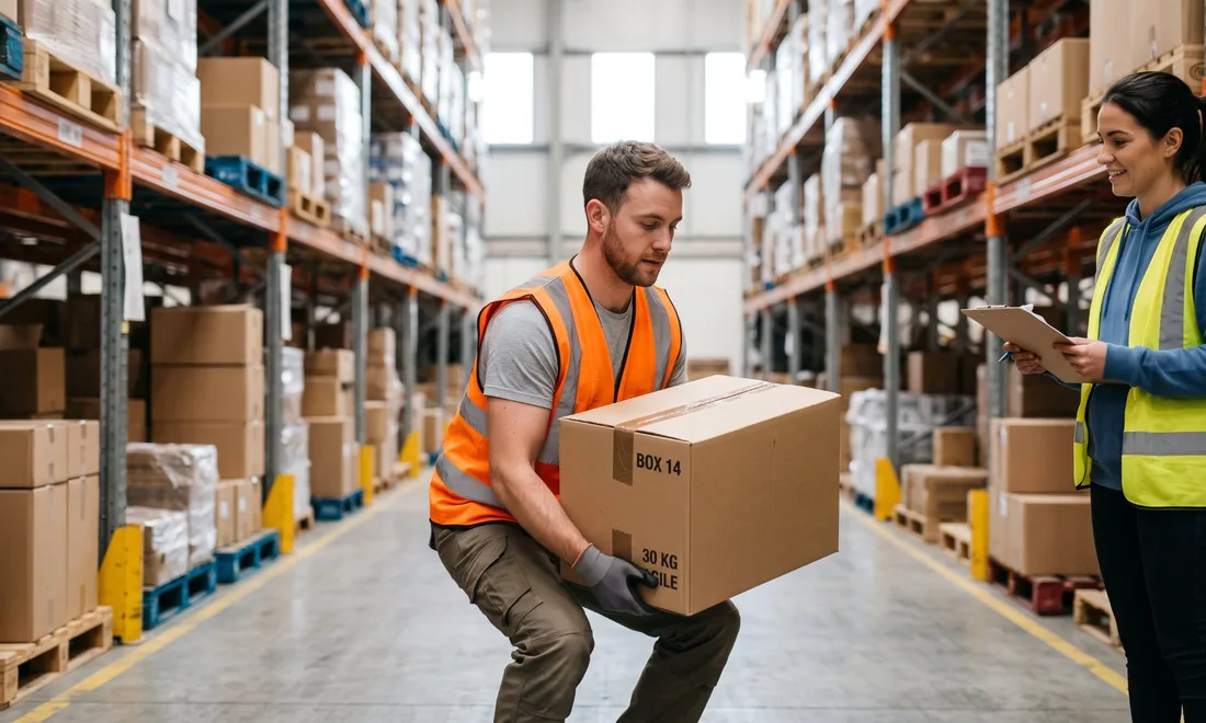 Warehouse worker demonstrating safe lifting technique with a straight back