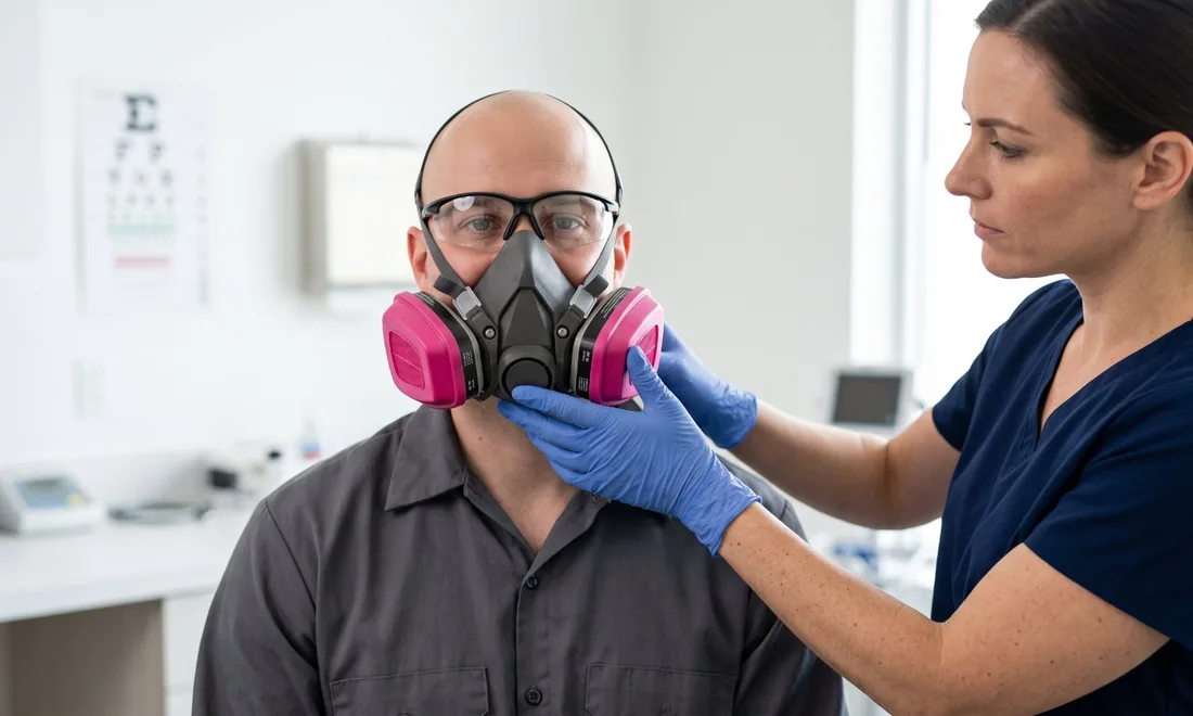 Technician checking the seal of a clean-shaven worker's half-face respirator during a fit test