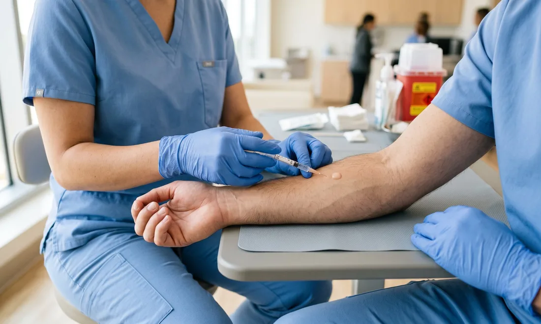 Nurse administering a TB skin test on a healthcare worker's inner forearm