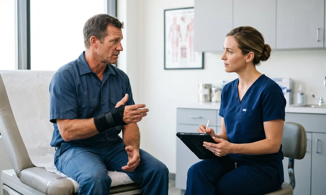 Injured construction worker describing his wrist injury to an occupational medicine physician in an exam room