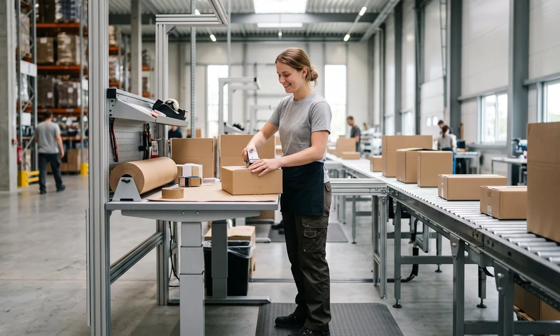 Warehouse worker at an ergonomic adjustable-height packing station