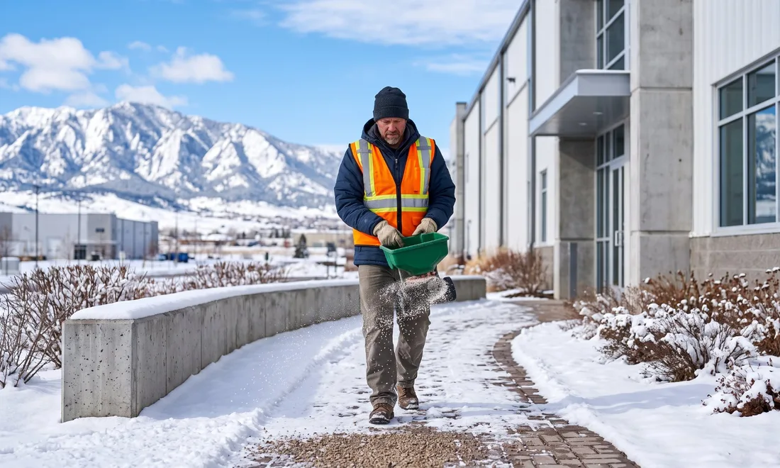 Facilities worker spreading ice melt on a snowy walkway outside a workplace
