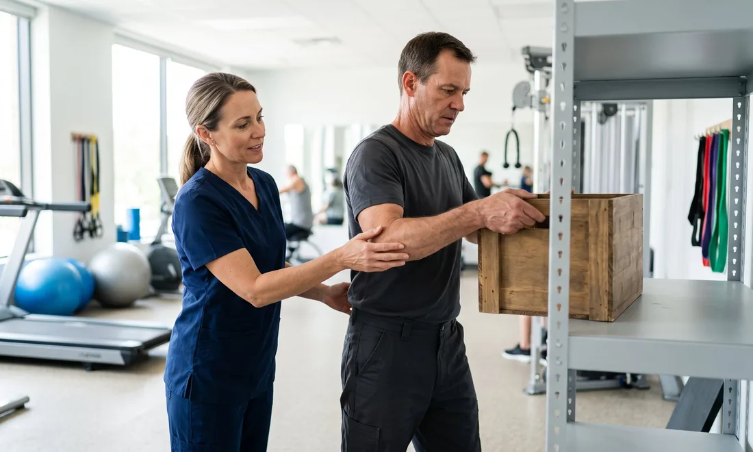 Physical therapist guiding a worker through a work conditioning lifting exercise