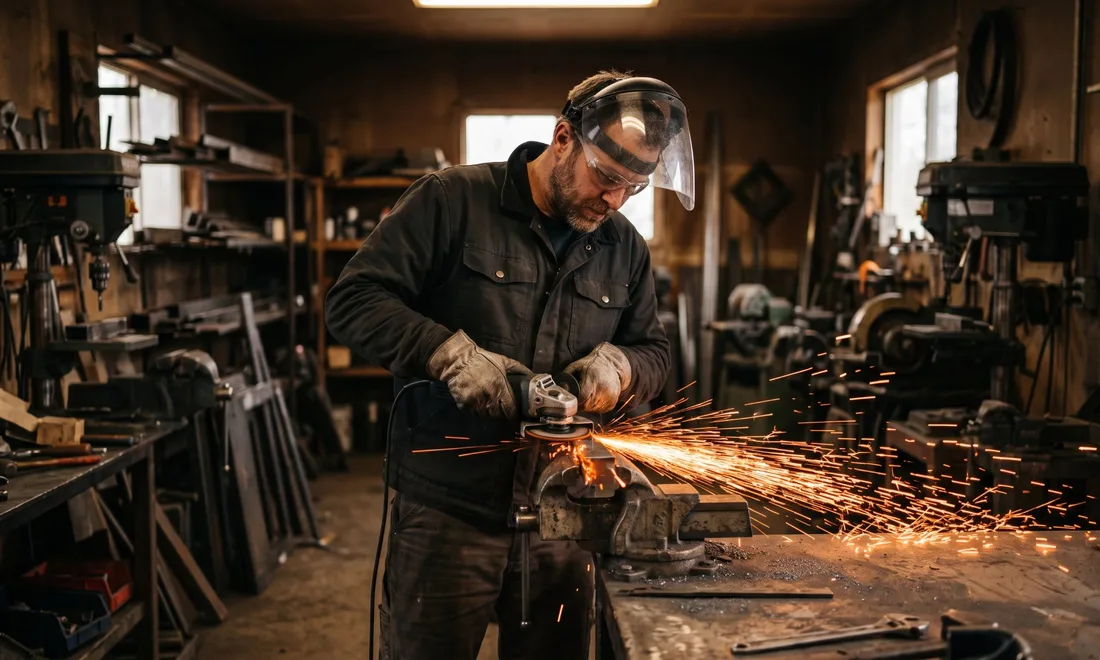 Metal fabrication worker wearing a face shield while grinding steel