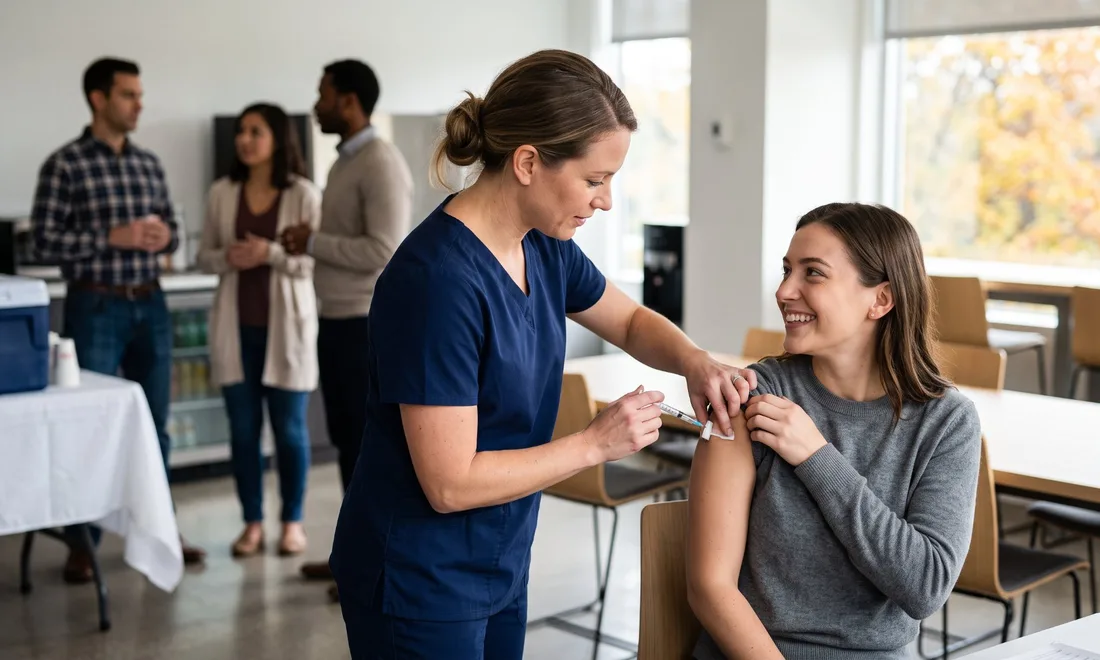 Nurse giving a flu shot to an employee at a workplace flu clinic