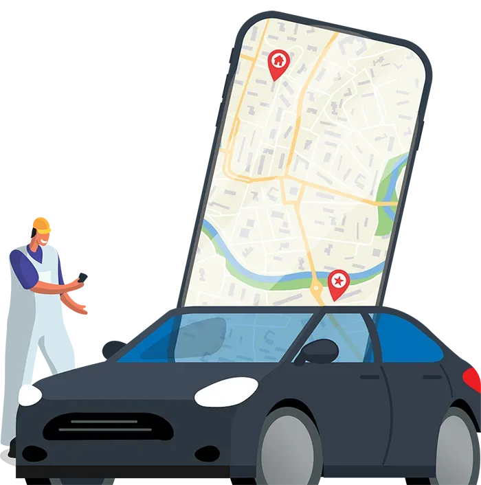A worker with an injured arm checking their phone beside a car, with a map route to the clinic