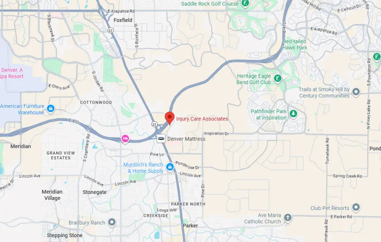 The Parker Injury Care Associates location is off of Cottonwood Dr, easily accessible by the South Parker Road exit of Toll Road E-470.