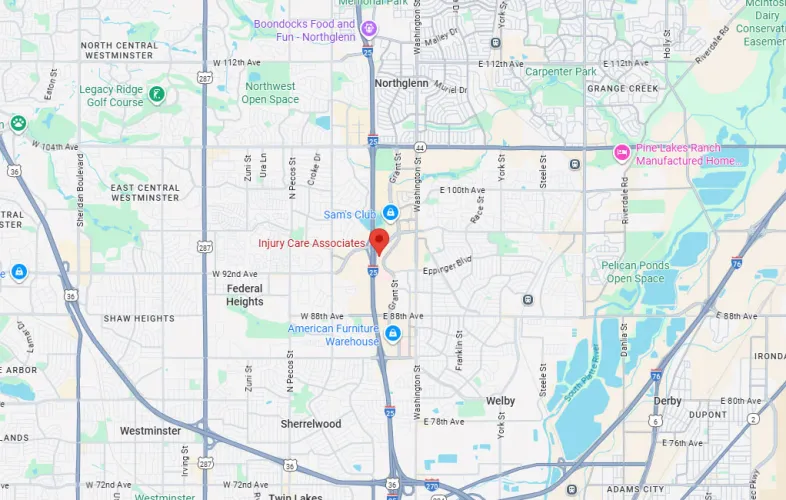 The Thornton Injury Care Associates location is off of Grant Street, easily accessible by the Thornton Parkway exit of I-25.